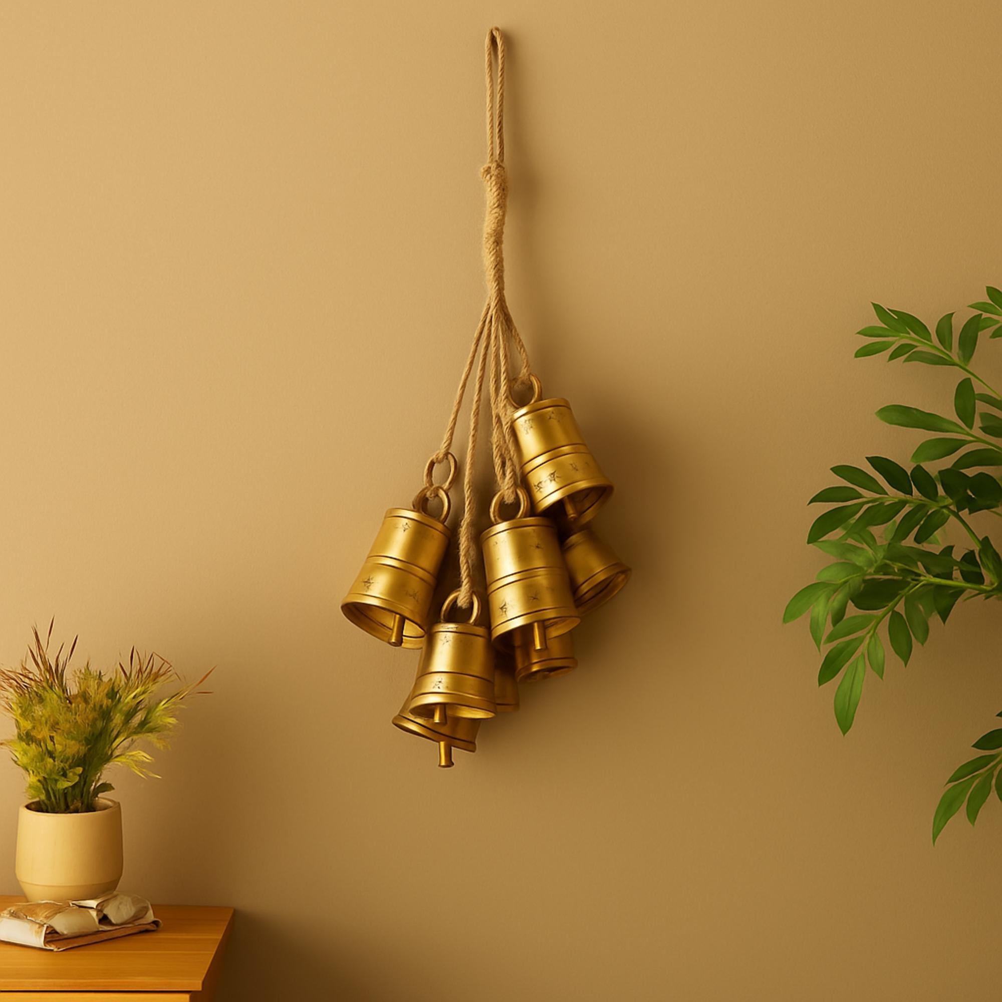 Gold Metal Tibetan Inspired Cascading Cluster Indoor Outdoor Decorative Bells with 8 Bells on Jute Hanging Rope