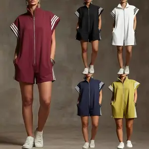 Best-selling women’s summer zip-up jumpsuit — burgundy striped loose-fit jumpsuit, stand collar sleeveless casual shorts jumpsuit, trendy sporty style, versatile for everyday wear & street style, same model as TikTok influencers