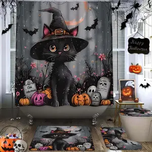 Halloween Witch Hat Cat Print Shower Curtain Set, Includes Bath Mat, Toilet Lid Cover, U-Shaped Tray, Polyester Fiber Bathroom Decor Gift