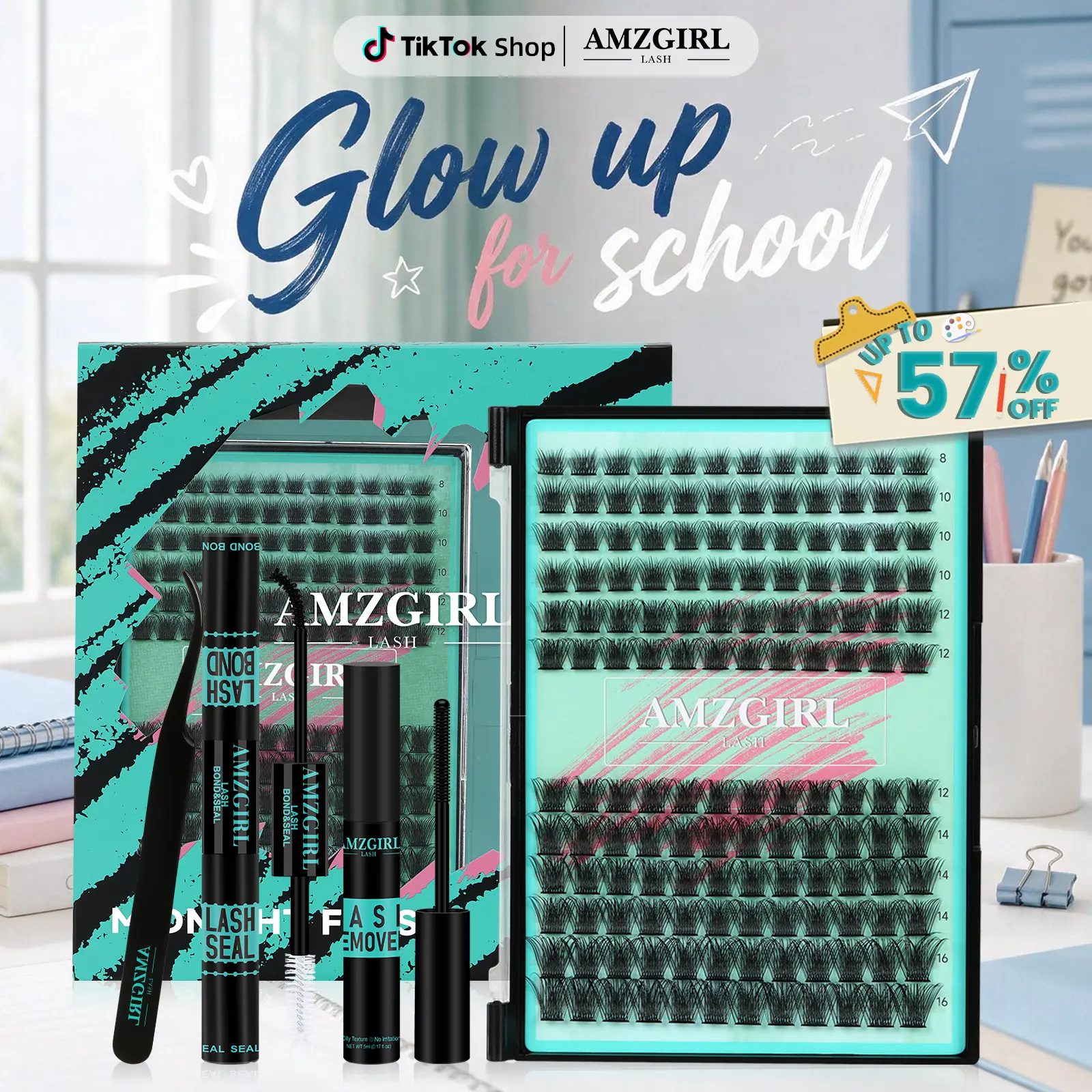 AMZGIRL LASH DIY Lash Extensions Kit 144pcs Midnight Waterproof Eyelashes Makeup Cosmetic Set with Bond Seal Remover Applicator for Summer Outfits & Vacation Looks