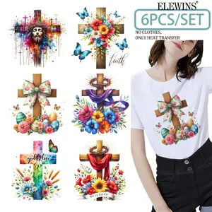 Easter Cross Iron On Patches Set 6 Pieces Heat Transfer Stickers for Clothing Tshirt Jeans Backpack Hat Multi Color Craft Supplies