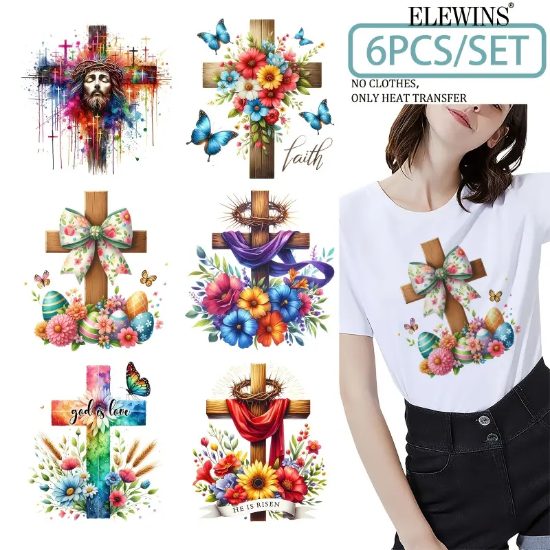 Easter Cross Iron On Patches Set 6 Pieces Heat Transfer Stickers for Clothing Tshirt Jeans Backpack Hat Multi Color Craft Supplies