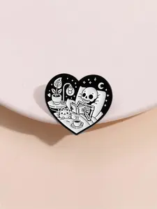 Skull Reading Love Badge with Cat Companion, Dark Healing Style, Emo Gothic Decor Gift for Homebodies, Unique Bookworm Accessory, Hat Pins