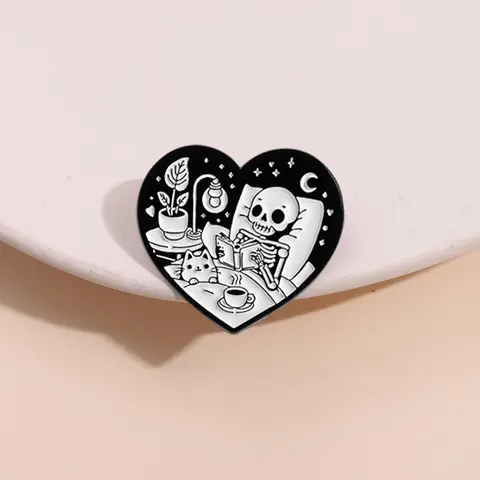 Skull Reading Love Badge with Cat Companion, Dark Healing Style, Emo Gothic Decor Gift for Homebodies, Unique Bookworm Accessory, Hat Pins, Brooch Pin Clip, Alloy Brooch Pin, Lapel Pin