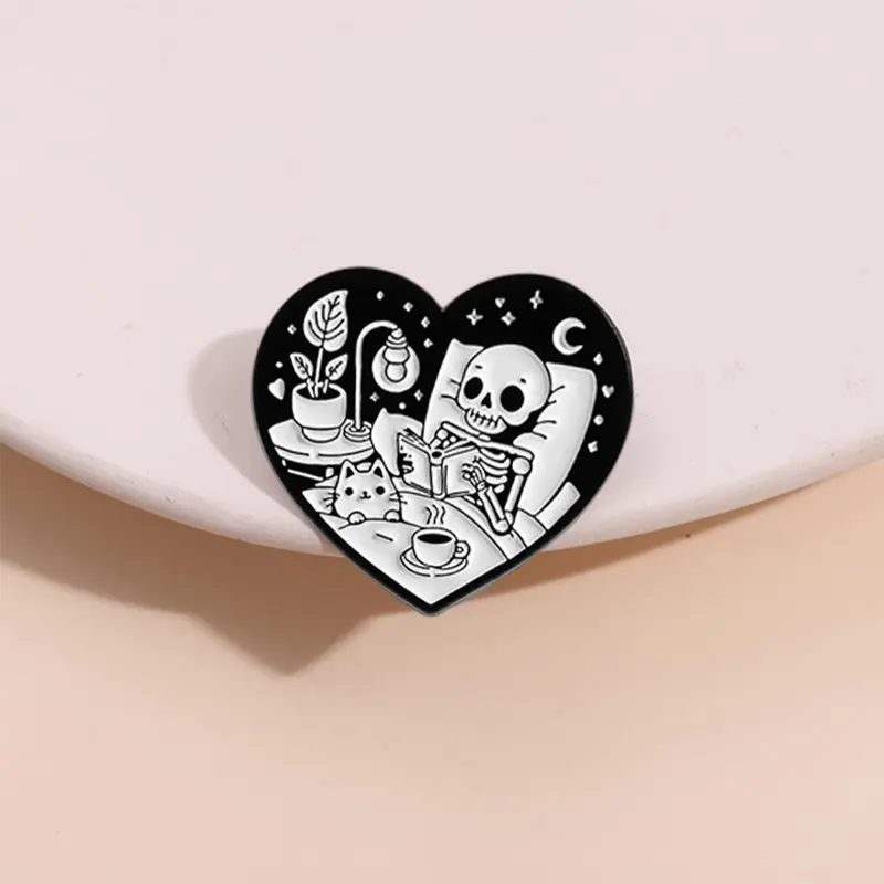 Skull Reading Love Badge with Cat Companion, Dark Healing Style, Emo Gothic Decor Gift for Homebodies, Unique Bookworm Accessory, Hat Pins, Brooch Pin Clip, Alloy Brooch Pin, Lapel Pin