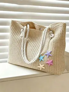 Fashionable Large Capacity Woven Tote Bag, Elegant One Shoulder Handbag, Casual Beach Bag, Summer Travel, Starfish Accessories, Handwoven Straw Bag