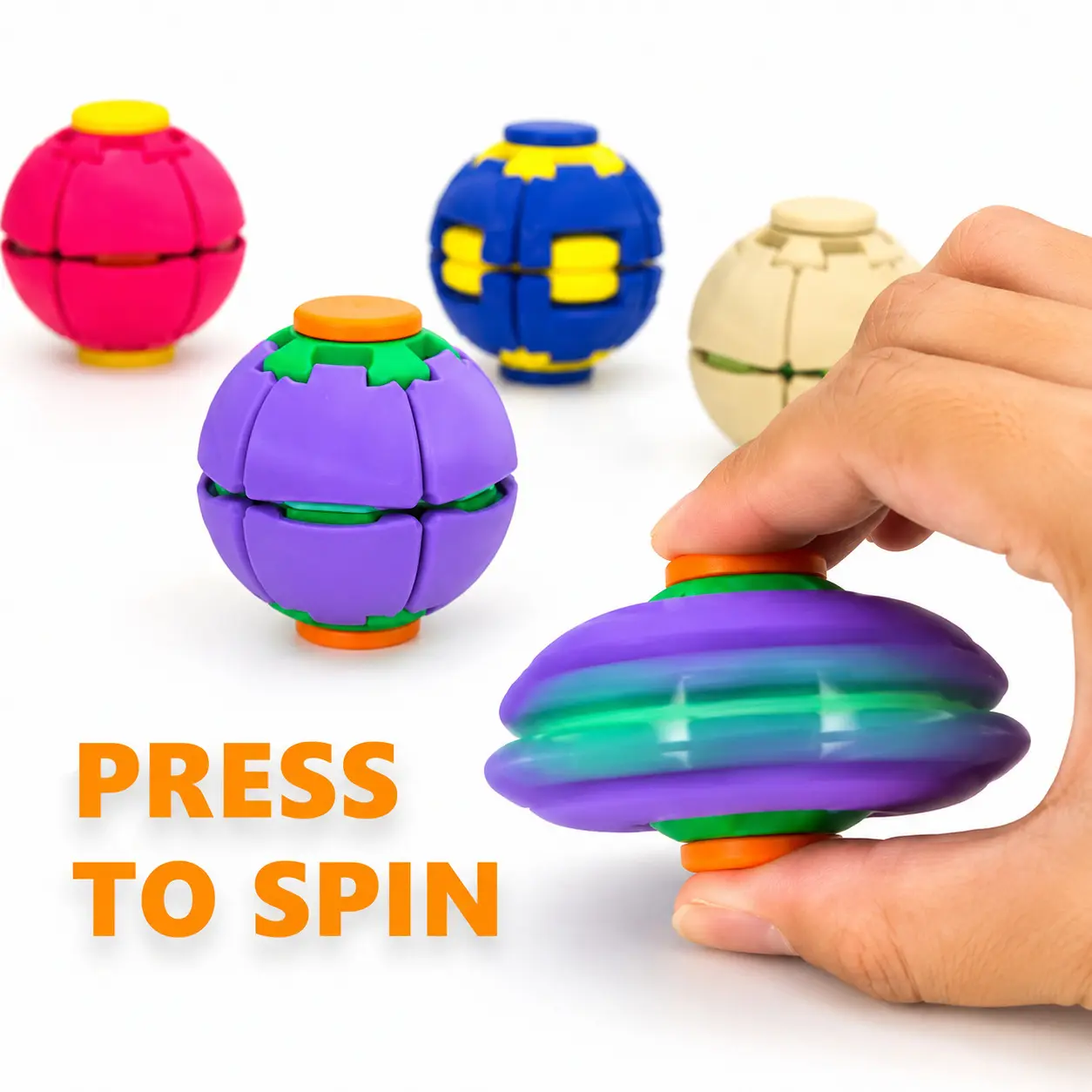 Press to Spin Fidget Ball - 2.5" Colorful Puzzle Orb Spinner, Portable Stress Relief Toy for Kids & Adults, Perfect for Office & Travel