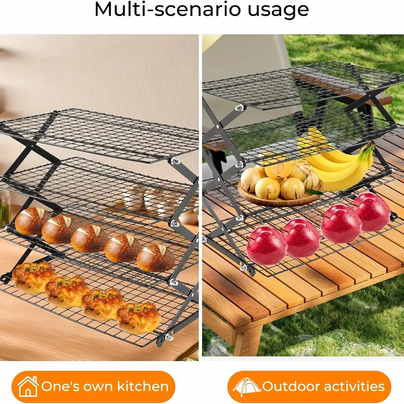 4-Tier Foldable Cooling Rack, Baking Pan Wire Rack, Outdoor Picnic Rack, Adjustable 4 Setting Designs, Collapsible Food Display Stand, Multi-Purpose Serving Tray, Camping Grill for for Baking, Roasting, Grilling, Picnics, with 20pcs Parchment Paper