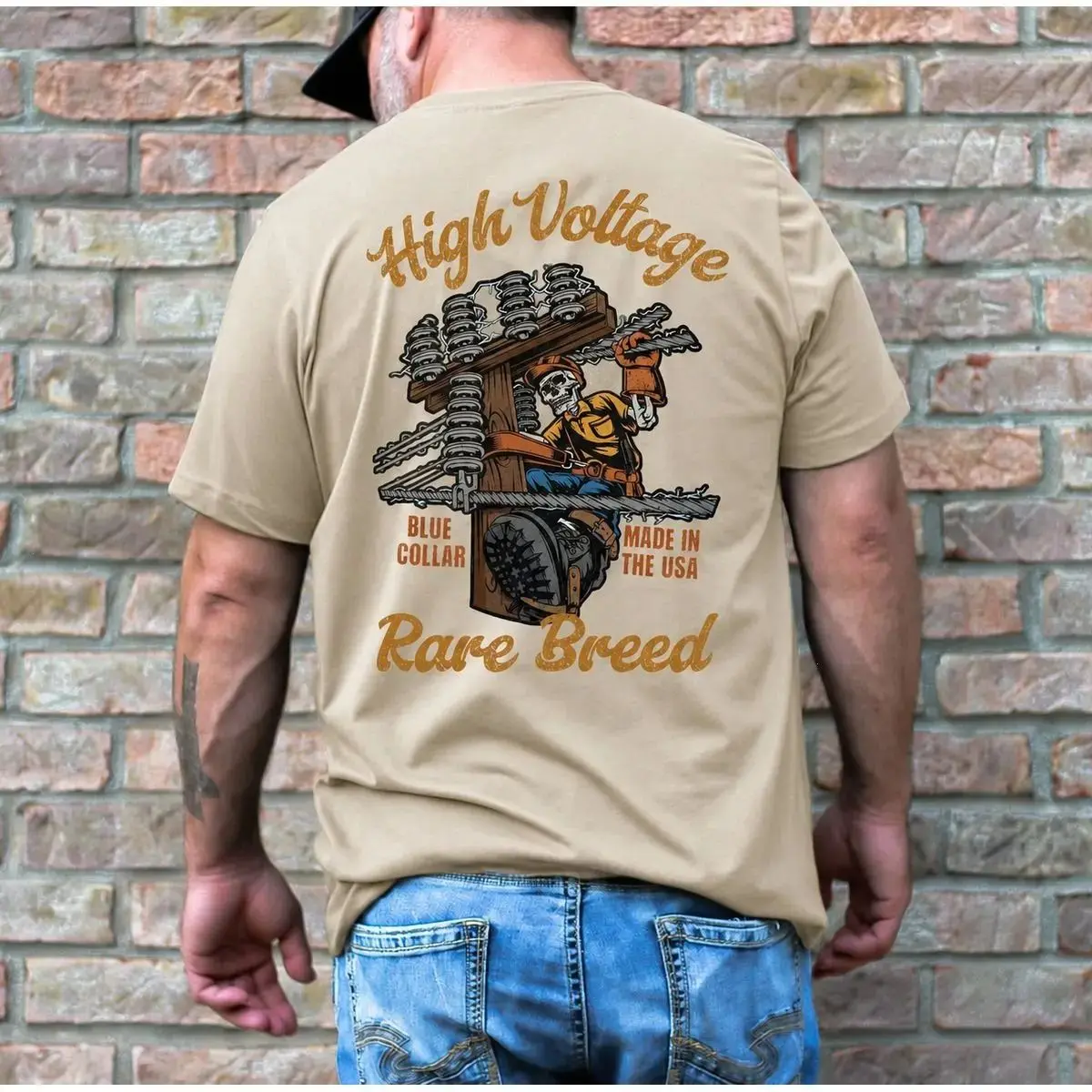 Lineman Shirt High Voltage Rare Breed Tee, Fathers Day Utility Worker Tshirt, Blue Collar Electrician Gift for Men, Casual Unisex Graphic Tee by Kaylan Eppes, USA-Made & Printed Apparel