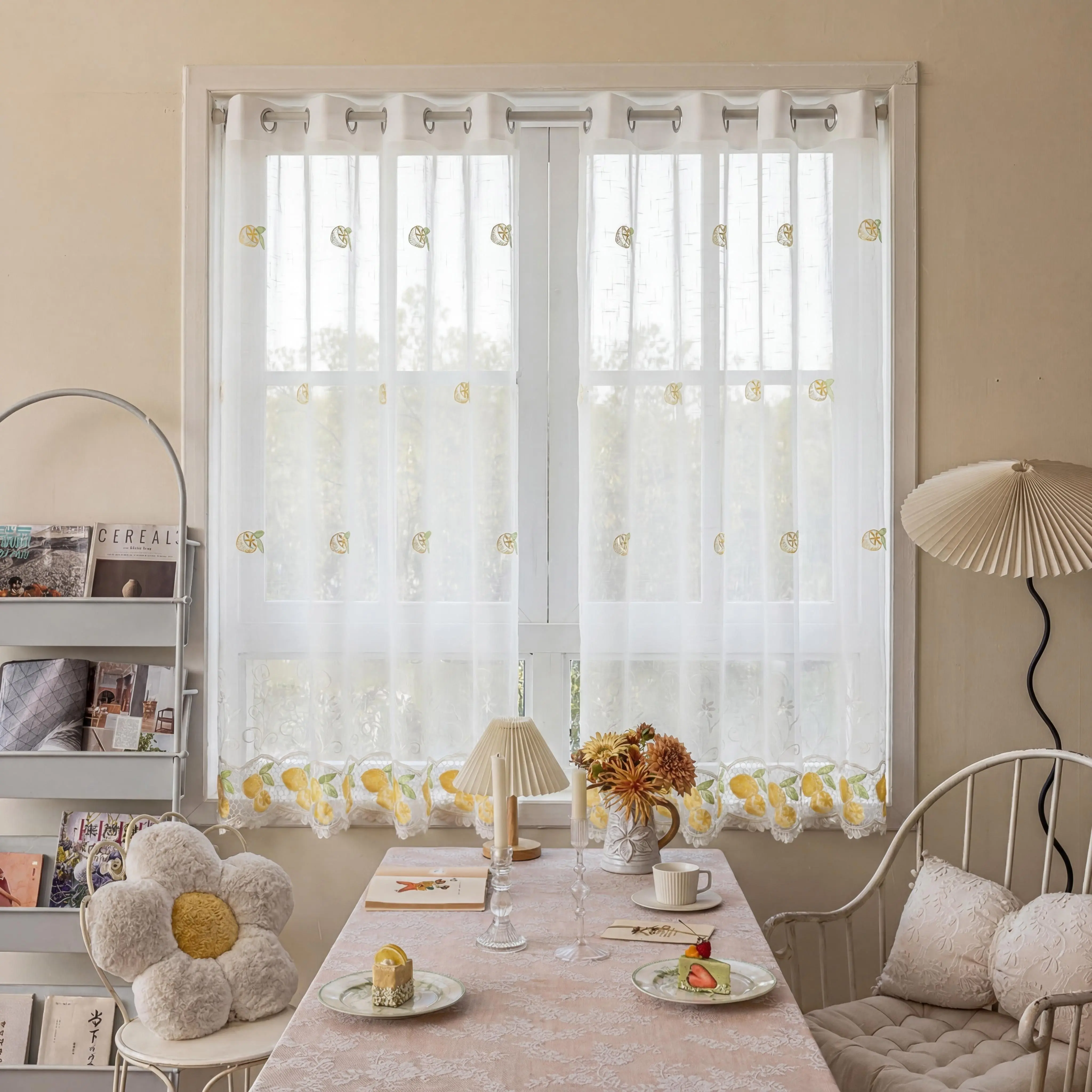 Grommet Curtains for Kitchen Windows - Non-Customised 2-Panel Faux Linen, 52"x60", Traditional Fruit Print (Strawberry, Pear, Cherry) Plant Motif, Breathable Macrame, Fade Resistant, Hand Wash Only Indoor Summer Home Textile Decor Gift