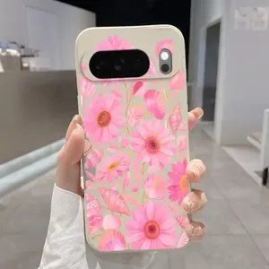 Rounded Edge Phone Case for Google Pixel 10 9 8 7 Pro A XL Pink Floral Reverie Pattern Shockproof Liquid Silicone TPU Bumper Drop Protection Cover Smartphone Casing