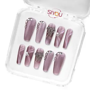Long Coffin Press On Nails - Mauve Aurora Shimmer, 3D Rhinestone Bows, Pearl Accents - Reusable False Nails, Siyou Sparkling Lilac