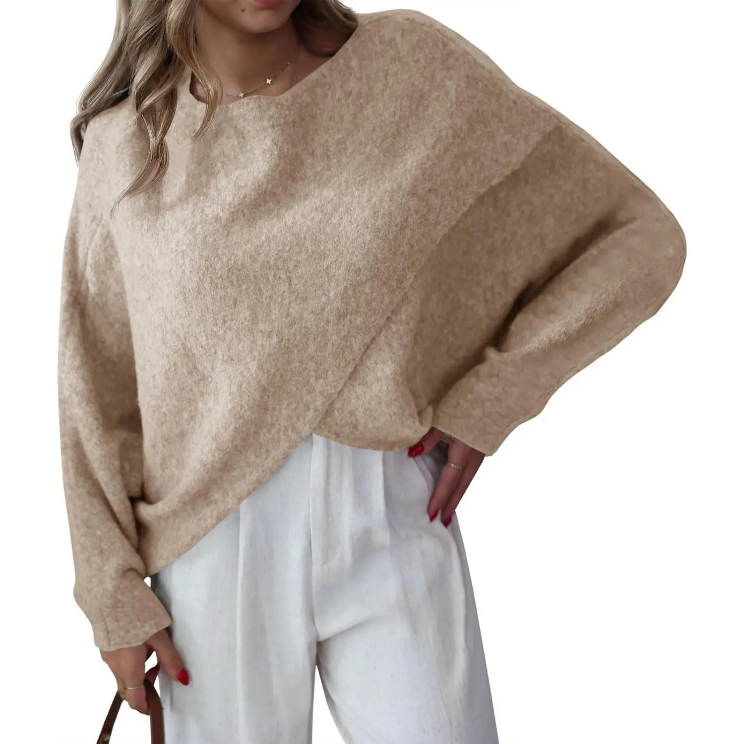 Imily Bela Womens Oversized Batwing Sweaters Long Sleeve Crew Neck Poncho Slouchy Knit Asymmetrical Pullover Tops