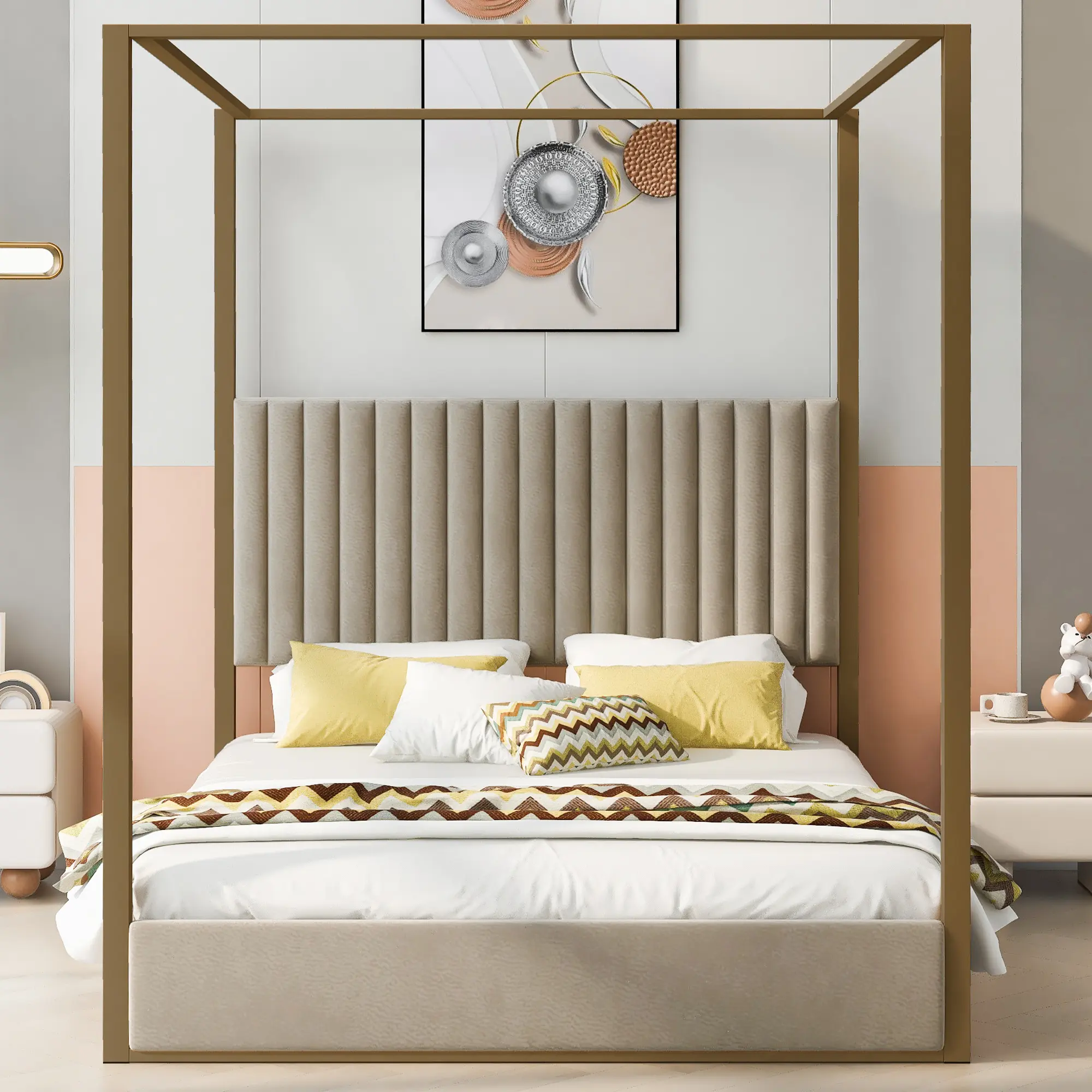 Queen Size Upholstery Canopy Platform Bed with Headboard and Metal Frame, Four Poster Bed frame with Slats, No Box Spring Needed, Linen Beige