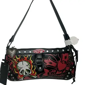 Ed Hardy Y2K Beaded Flaming Skull Mini Shoulder Bag NWT Black Studded Trim & Logo Plaque Alt Edgy Festival Statement Bag