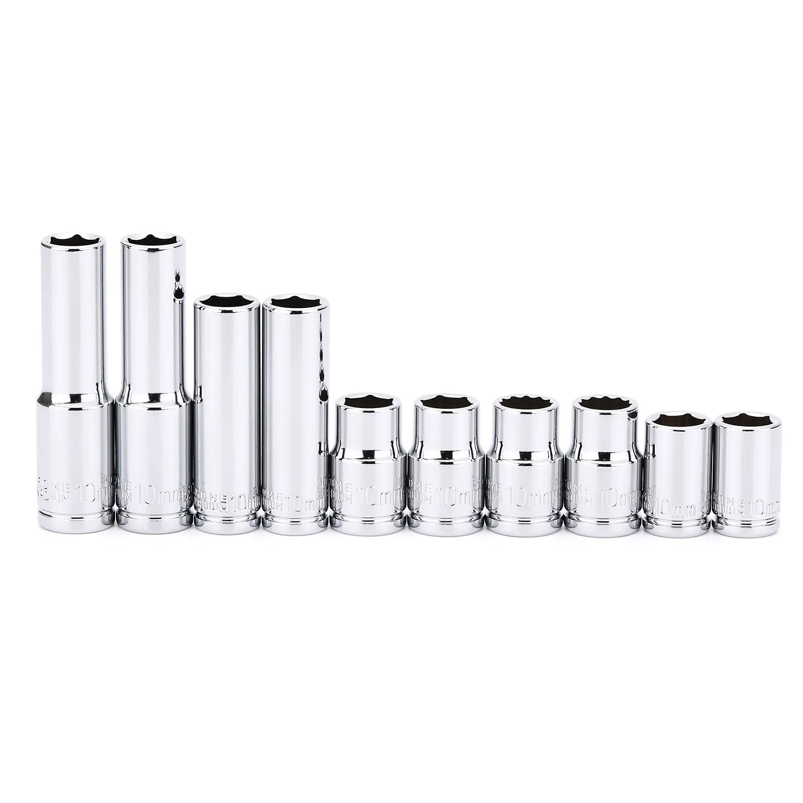 CASOMAN 10-Piece Impact Sockets Set - 1/4" & 3/8" Drive, Deep & Shallow 10mm Metric, Mirror Chrome Finish, 6-Point & 12-Point Design Grips, Chrome Vanadium Steel, Laser Etched & Roll Stamped Markings for Tightening or Loosening Fasteners