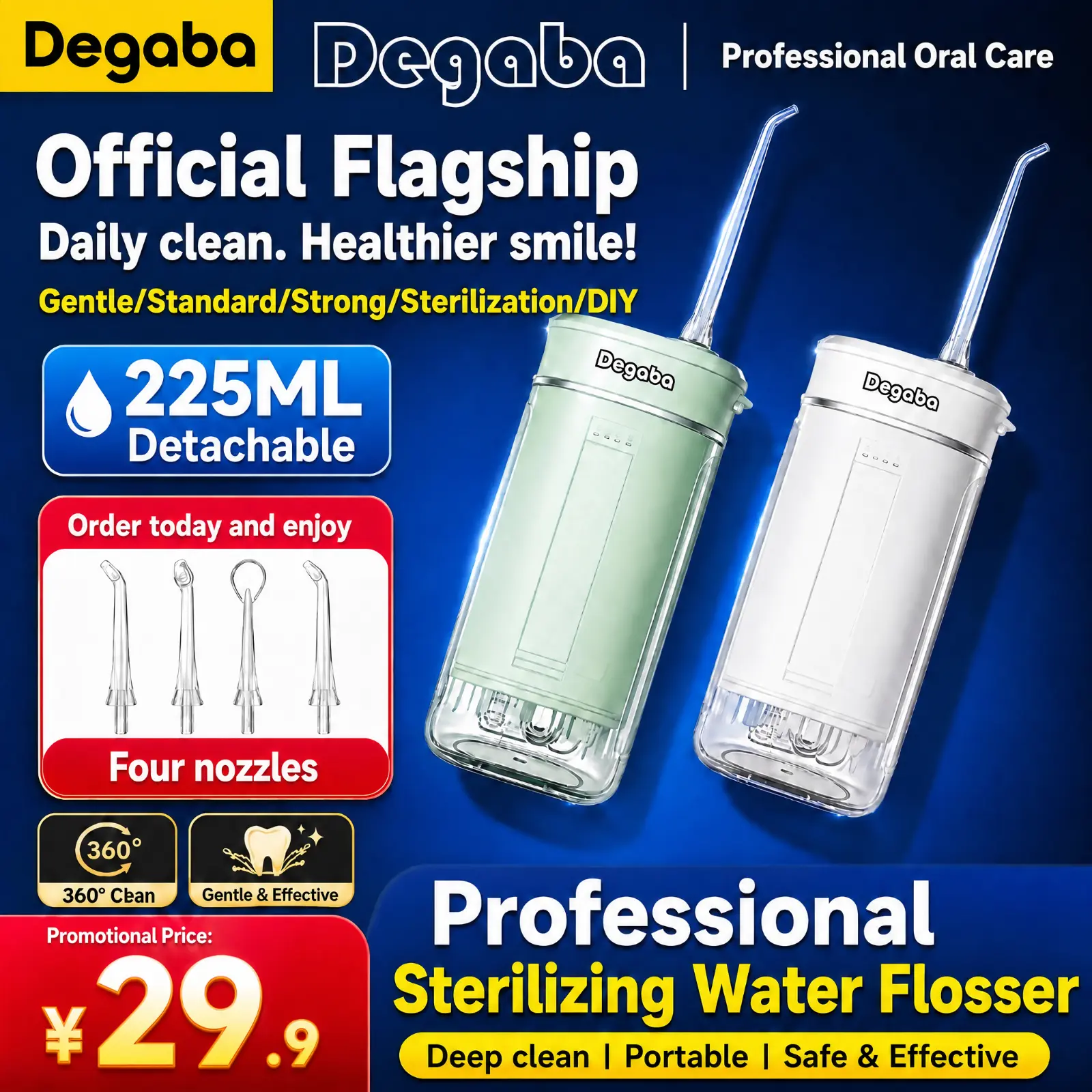 Degaba Cordless BPA-Free ABS+PC Plastic Water Flosser with Box, Portable Rechargeable Oral Irrigator, 5 Modes, IPX7 Waterproof, USB Charging, Smart Timer, Gum Care, Plaque Removal for Braces/Implants, Home/Travel Compact Teeth Cleaner