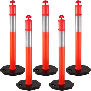 VEVOR 5Pack Delineator Posts 44 Inch Height, Orange PE Delineator Post Kit 10 inch Reflective Band, Traffic Delineator Posts with Rubber Base 16 inch for Construction Sites, Facility Management etc., Pe Material