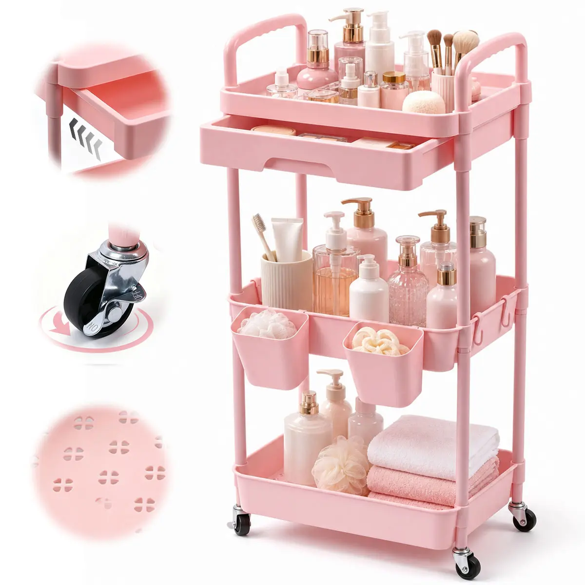 3 Tier Rolling Storage Cart with Pull Out Drawer & Hanging Baskets, Mobile Utility Organizer Cart with Lockable Wheels, Plastic Rolling Trolley for Kitchen Bathroom Bedroom Salon Office Nursery Makeup Plants Snack Storage