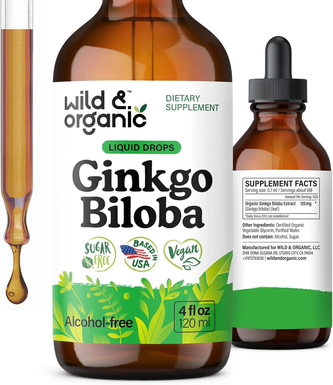 Wild & Organic Ginkgo Biloba Tincture - Vegan, Sugar-Free, Alcohol-Free Herbal Extract - Brain & Focus Support Supplement