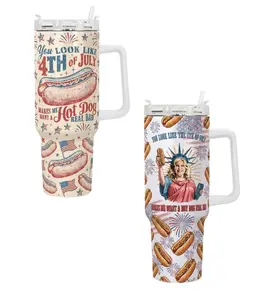 4th of July Hot Dog Tumbler 40oz with Handle, Funny Patriotic USA Independence Day Cup, Vintage Fireworks Design Travel Mug