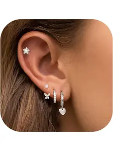 4 Pairs Sterling Silver Stud Hoop Earrings Set for Women, Hypoallergenic Earring Sets, Earring Stacking Set, Stud Earring Jewelry, Perfect for Multiple Piercings