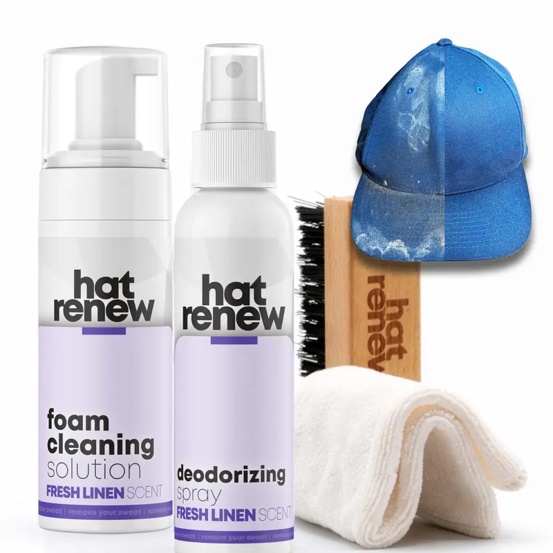 MOJA BASICS Hat Renew Cleaner Combo - Cap Cleaning Agent with Scented Foaming Cleanser, Deodorizer, Brush & Micro-Fiber Towel, Fresh Stain Removal Solution for Daily Hat Wearers