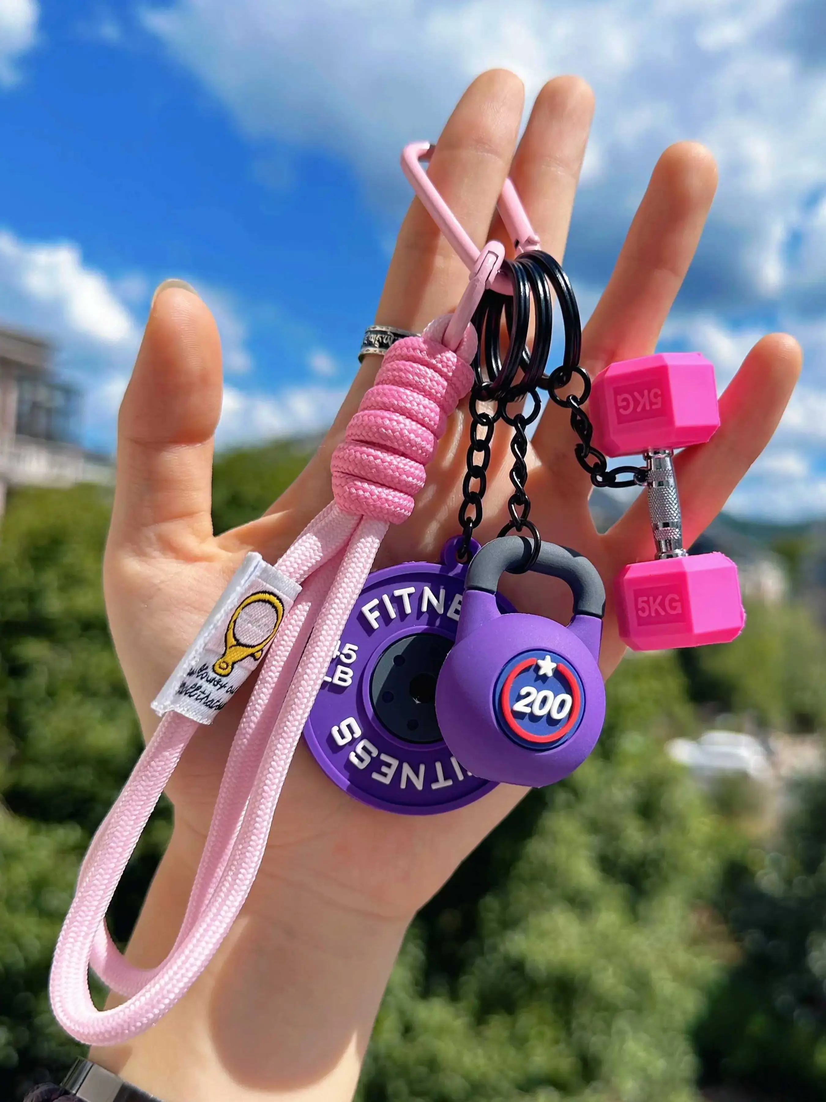 Color Blocking Sport Fitness Keychain Set Barbell and Dumbbell Keychain Kettlebell Keychain Dumbbell Barbell Weight Plate Water Bottle Cup Keyring Accessory Combo Gym Charms Bag Pendant Woven Rope Workout Fitness Equipment Ornaments Bag Hanging Key Chain