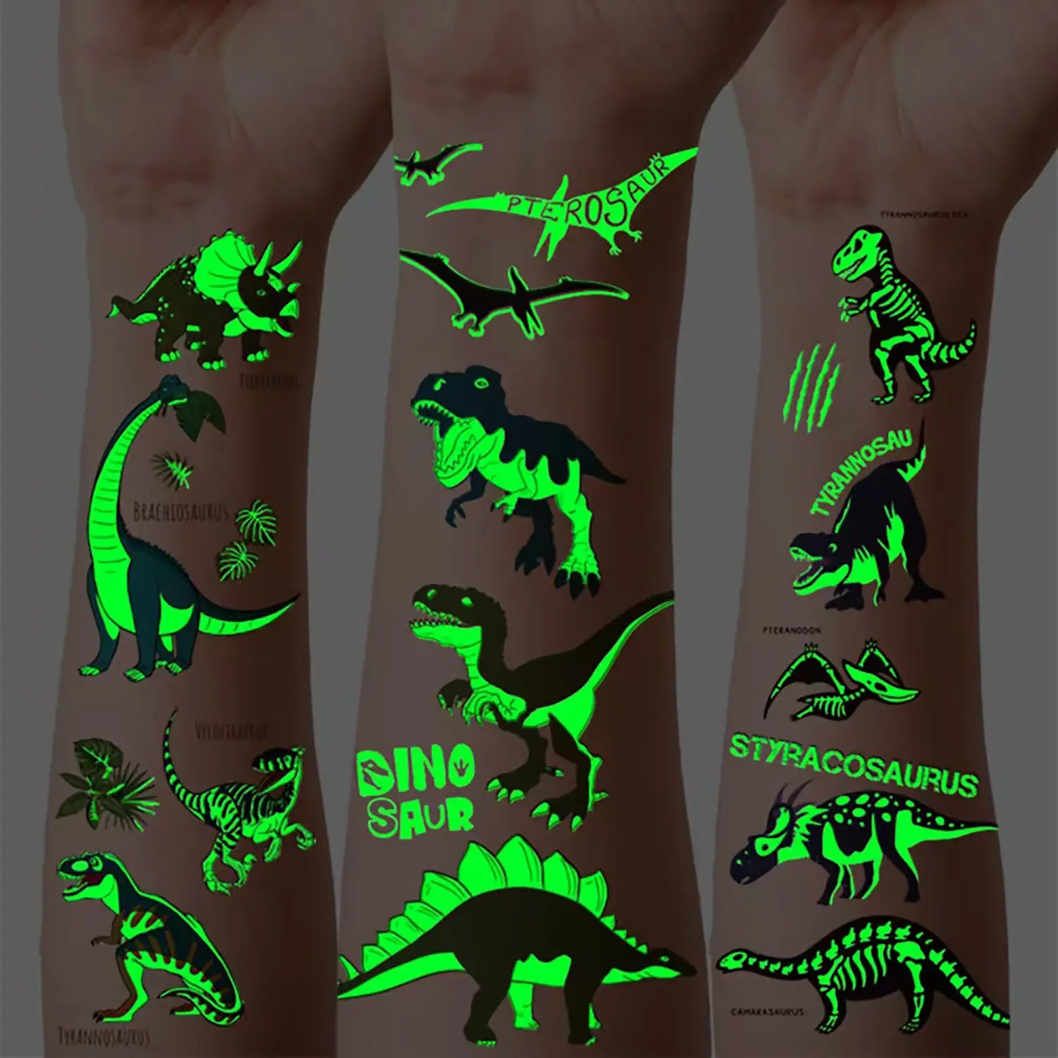 6 Sheets Glow-in-the-Dark Dinosaur Temporary Tattoos Kid Tattoos - Luminous T-Rex, Pterosaur, Triceratops, Stegosaurus Stickers, Concerts & Festivals, Fun Birthday Favors, Stocking Stuffers