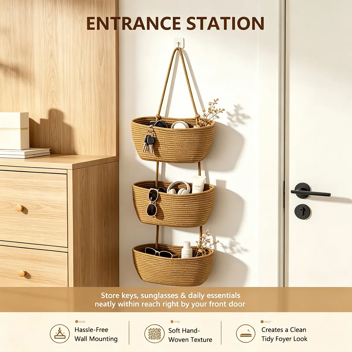 3-Tier Woven Wall Basket Organizer Handmade Cotton Rope Hanging Storage for Entryway Bathroom Kitchen