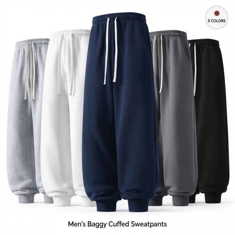 Men’s baggy cuffed sweatpants, elastic waistband with drawstring, loose wide-leg jogger pants, thick soft fabric, fall/winter streetwear
