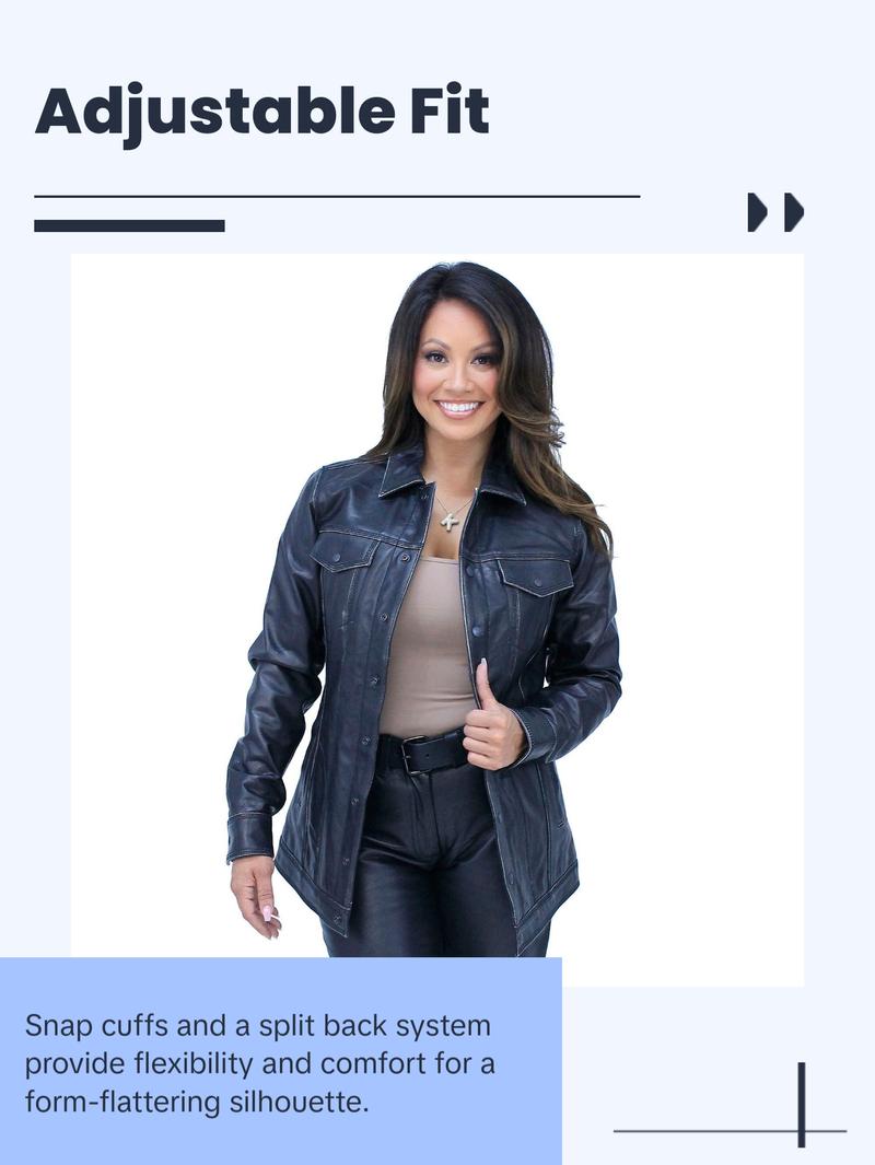 JAMIN LEATHER® Vintage Black Women's Long Leather Jean Jacket #LA2010LZK with Dual Concealed Pockets & Snap Front Collar - Coats