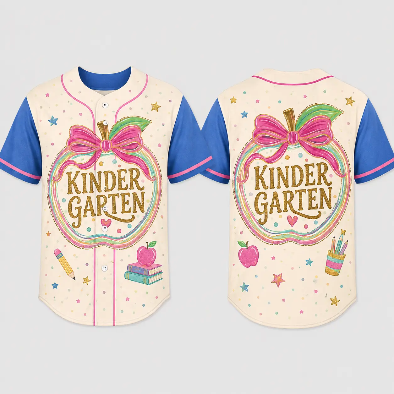 Sweet Apple Stationery Teacher Graphic Baseball Jersey, Blue White Trim Button Front Short Sleeve Shirt, Unisex Cute Back To School Educator Casual Top For Men Women，Teacher Back to School Shirt, Pre-K Kindergarten 1st 2nd 3rd 4th Grade Teacher Tee