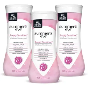 Summer's Eve Simply Sensitive All-Over Daily Feminine Wash, Gentle pH-Balanced Body Wash for Women, Removes Vagl Odor, 15 Fl Oz, Pack of 3