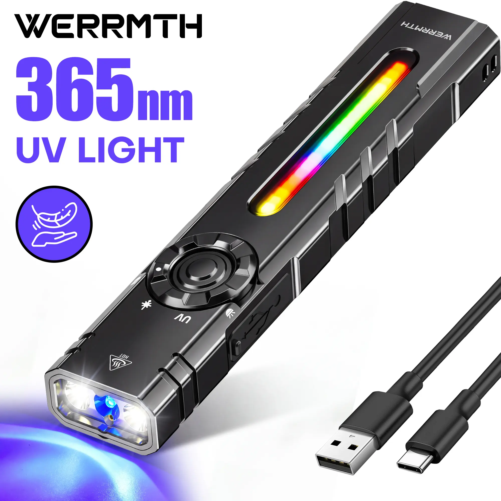 TUOWEE 2200 Lumen EDC Flashlight Rechargeable, Magnetic Base, USB-C Fast Charging, 365nm UV Light, RGB Side Light, Metal Pocket Clip, LED Flashlight for Camping, Hiking, Emergency, Car Repair