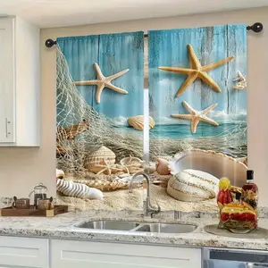 2 Panel 28"X40" Modern Daily Curtains Summer Sea Stars And Shells Sailing, 100% Polyester, Perfect For Cafe, Shop, Kitchen And Bathroom Windows