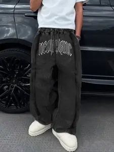 Men's Casual Cotton Sport Pants, Letter Pattern Print, Drawstring Side Hem, Loose-Fitting Wide Leg, All Seasons Comfortable Wear