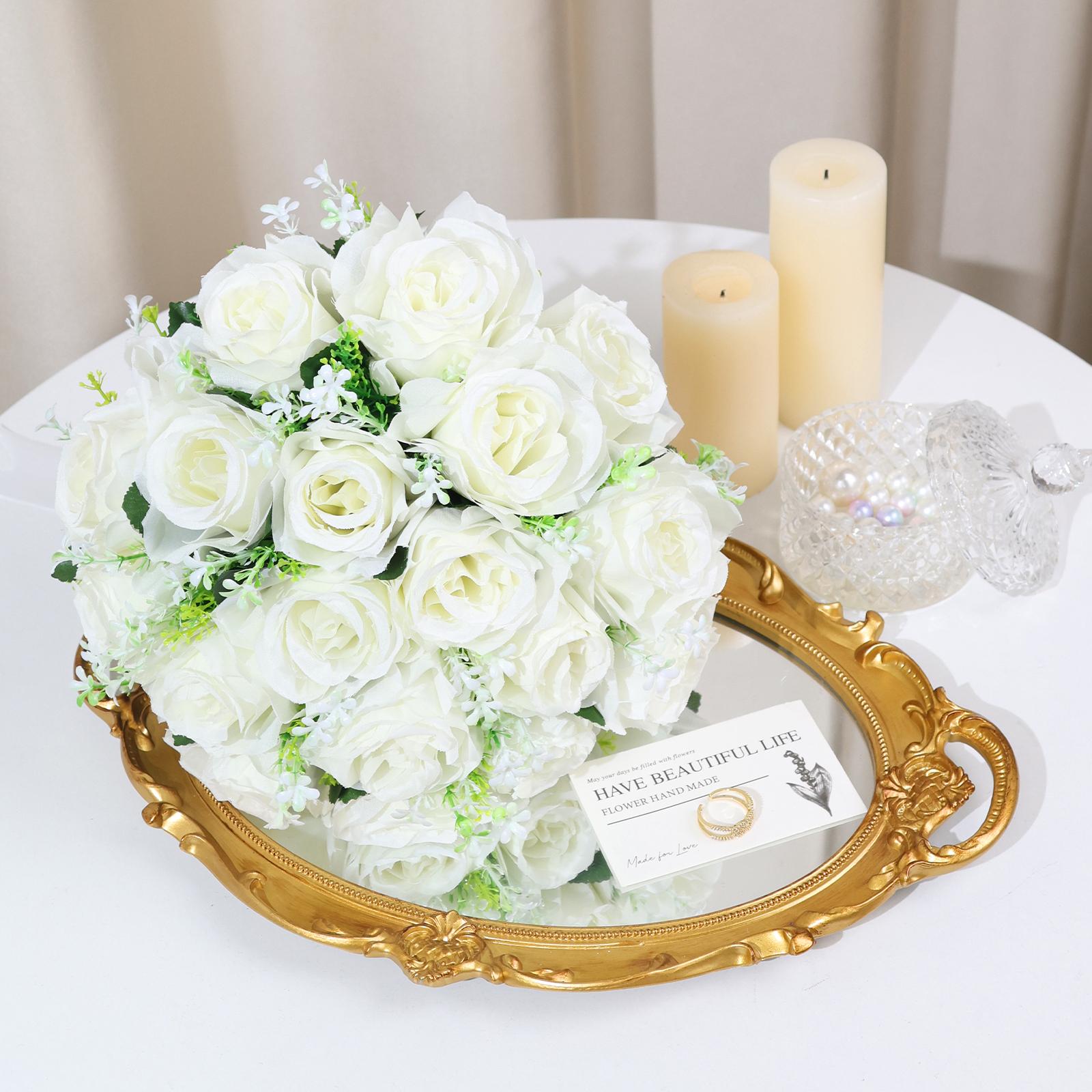 Wedding Bouquets for Bride Bridesmaid，White Champagne Roses Flowers for Bride Bridesmaid，for Home Wedding Party Ornaments Lifelike Fake Plant Fruit， Church Decoration, Ceremony, Anniversary