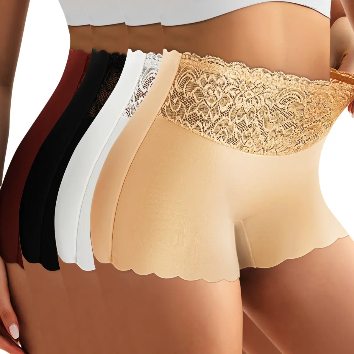 Women's 4-PCS High Waisted Lace Boxer Briefs - Solid Color Seamless Polyester Blend, Chic Sexy Confident Fit, Skin-Friendly Multi-Functional Lace Trim Shorts for Daily Wear, S-XXL