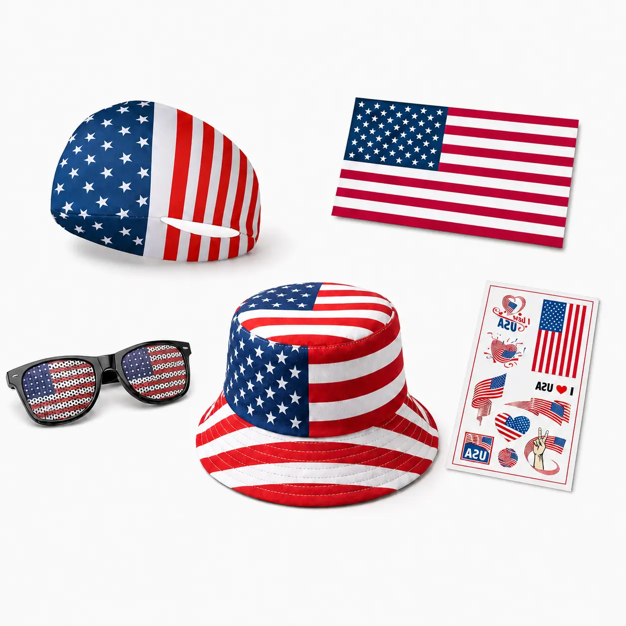 Independence Day 5PCS Party Accessories Set, Patriotic USA Celebration Kit with Bucket Hat, Flag, Sunglasses, Headband & Temporary Tattoos