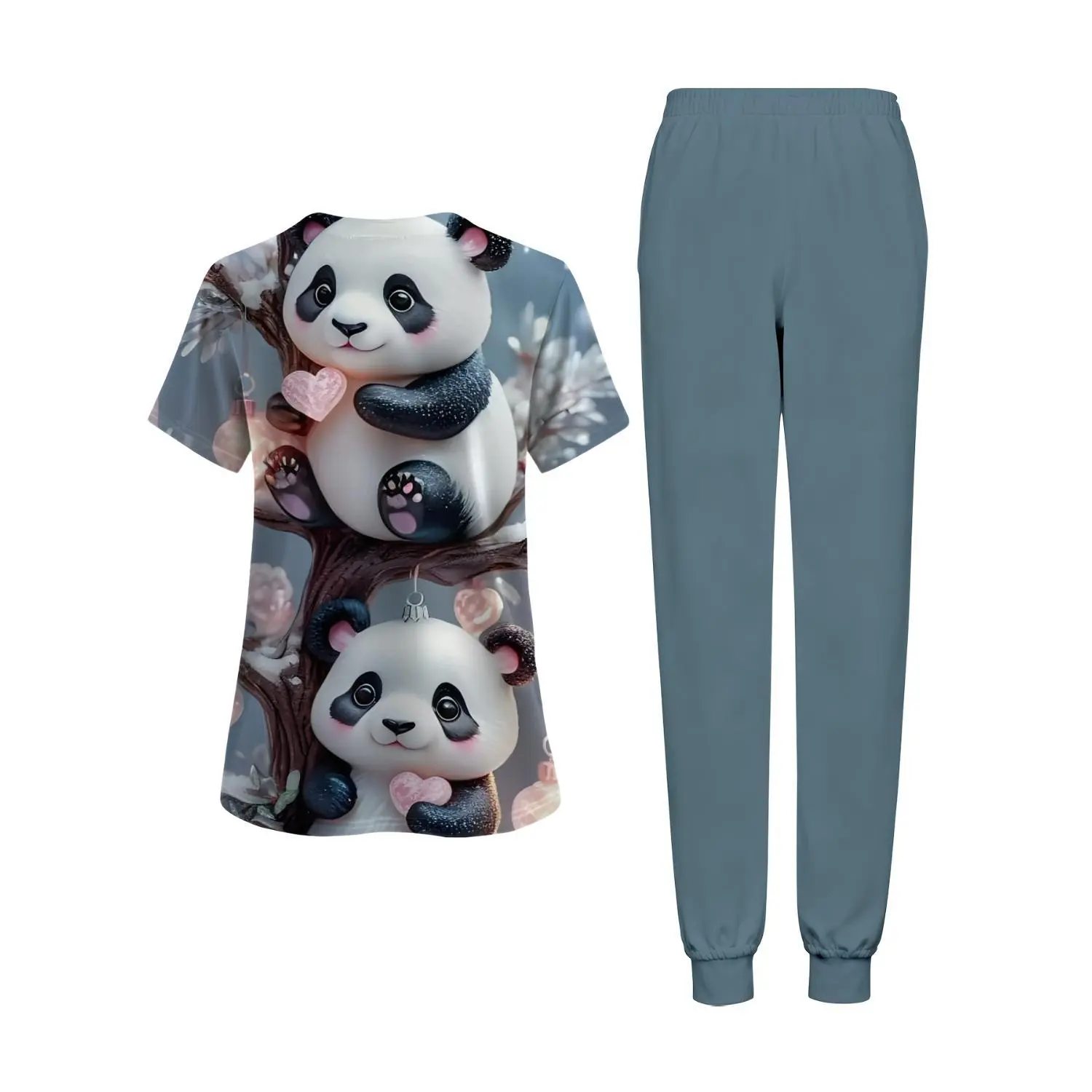 Chic Women's V-Neck Short-Sleeve Two-Piece Set with Panda Bear Design, Featuring a Pocketed Top, Ideal for Home Lounging and Comfort, Crafted from Soft Fabric