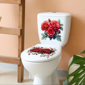 Two-Piece Toilet Seat Sticker Waterproof Watercolor Rose Flower Bathroom Wall Decal Home Decor, Animal Pattern Sticky Hook Design