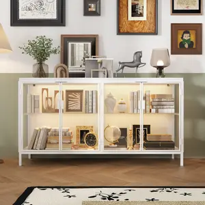 FUFU&GAGA Black Credenza Sideboard LED Lighted Display Cabinet with Glass Shelves Metal Legs for Home Storage Stylish Storage Solution