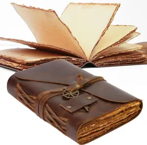 Vintage Leather Journal Antique Handmade Bound Journaling Deckle Edge Paper Notebook 200 pages for Diary Writing Sketching 5" x 7"