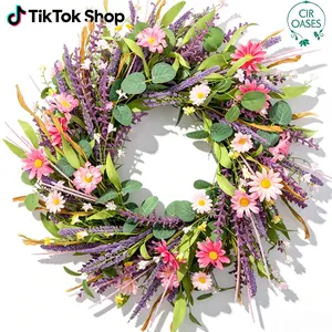 22inch Artificial Spring Summer Wreath Lavender with Colorful Flowers,Green Leaves for Front Door Home Wall Party Decor