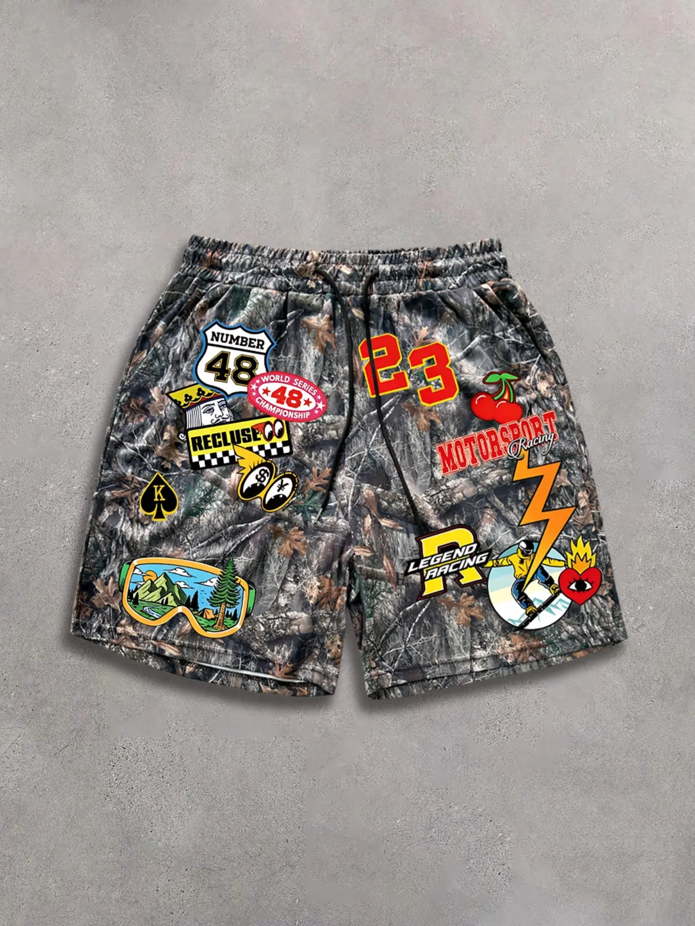 Men's Casual Camo Shorts, Camouflage Shorts, Trendy Sticker Style, Graphic Racing Number Print, Drawstring Waist, Soft Durable Fabric, Outdoor Camping, Streetwear