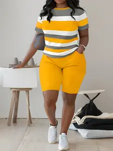 SummerVibes Plus Size Women Summer Two Piece Set Womenswear Suits Crew Neck Short Sleeve Top With Pockets And High Waisted Pocket Shorts - Medium Stretch Polyester, Machine Washable, Women's comfortable athleisure wear for daily casual looks