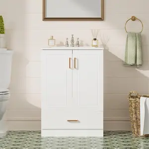 24" Modern Bathroom Vanity with Sink, Freestanding Vanity Cabinet with Ceramic Basin, 2 Doors & 1 Drawer, Ivory, NO Mirror Faucet