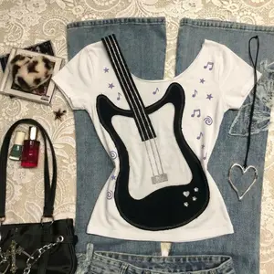 Y2K Guitar Print Crop T-Shirt – Slim Fit Short Sleeve Rock Vintage Top for Women Streetwear Tshirt Summer Womenswear