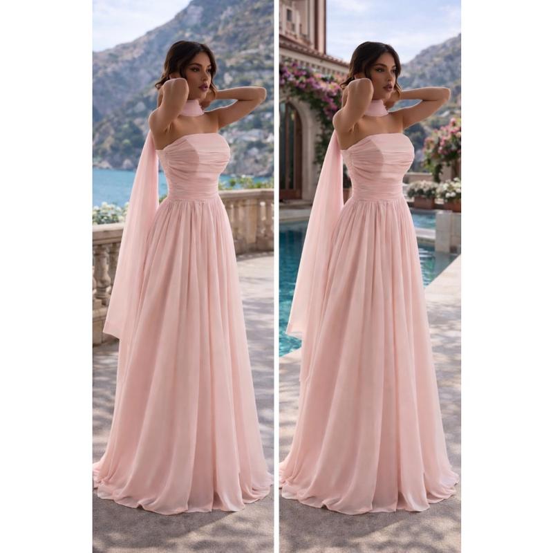 Long Tulle Dress in Pastel Pink with Chest Pleats and Lace-up Back